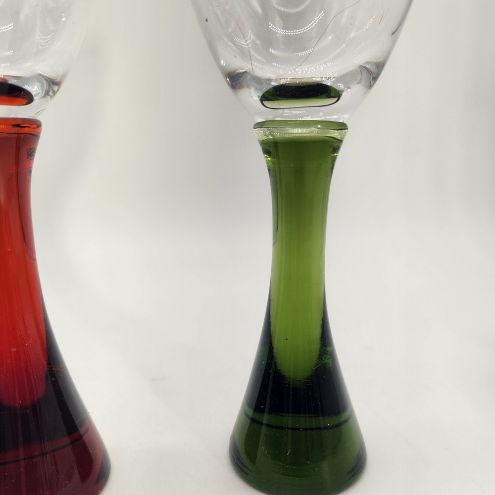2 Danish Influenced Wine Goblets Green & Red Flared Stems Clear Bowls Vintage - Picture 4 of 7